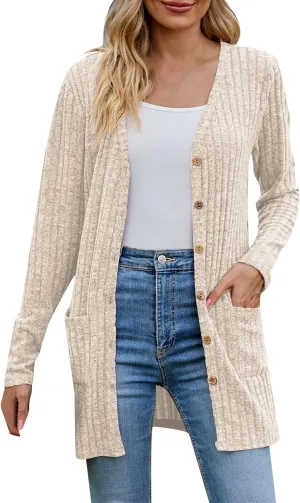 Women's Cozy Textured Solid Color Long Sleeve Cardigan Sweater Knit Cardigans for Women Plus Size (02-Beige, XXL)