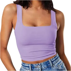 Womens Cropped Tank Tops Summer Sexy Sleeveless Strappy Square Neck Blouse Casual Solid Color Workout Fitness Shirts