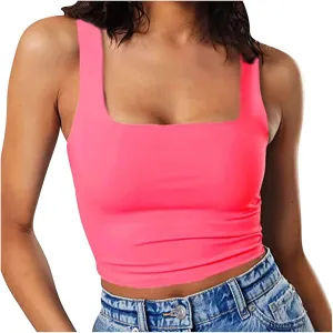Womens Cropped Tank Tops Summer Sexy Sleeveless Strappy Square Neck Blouse Casual Solid Color Workout Fitness Shirts