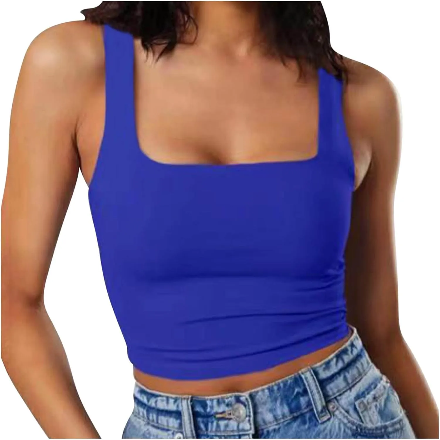 Womens Cropped Tank Tops Summer Sexy Sleeveless Strappy Square Neck Blouse Casual Solid Color Workout Fitness Shirts