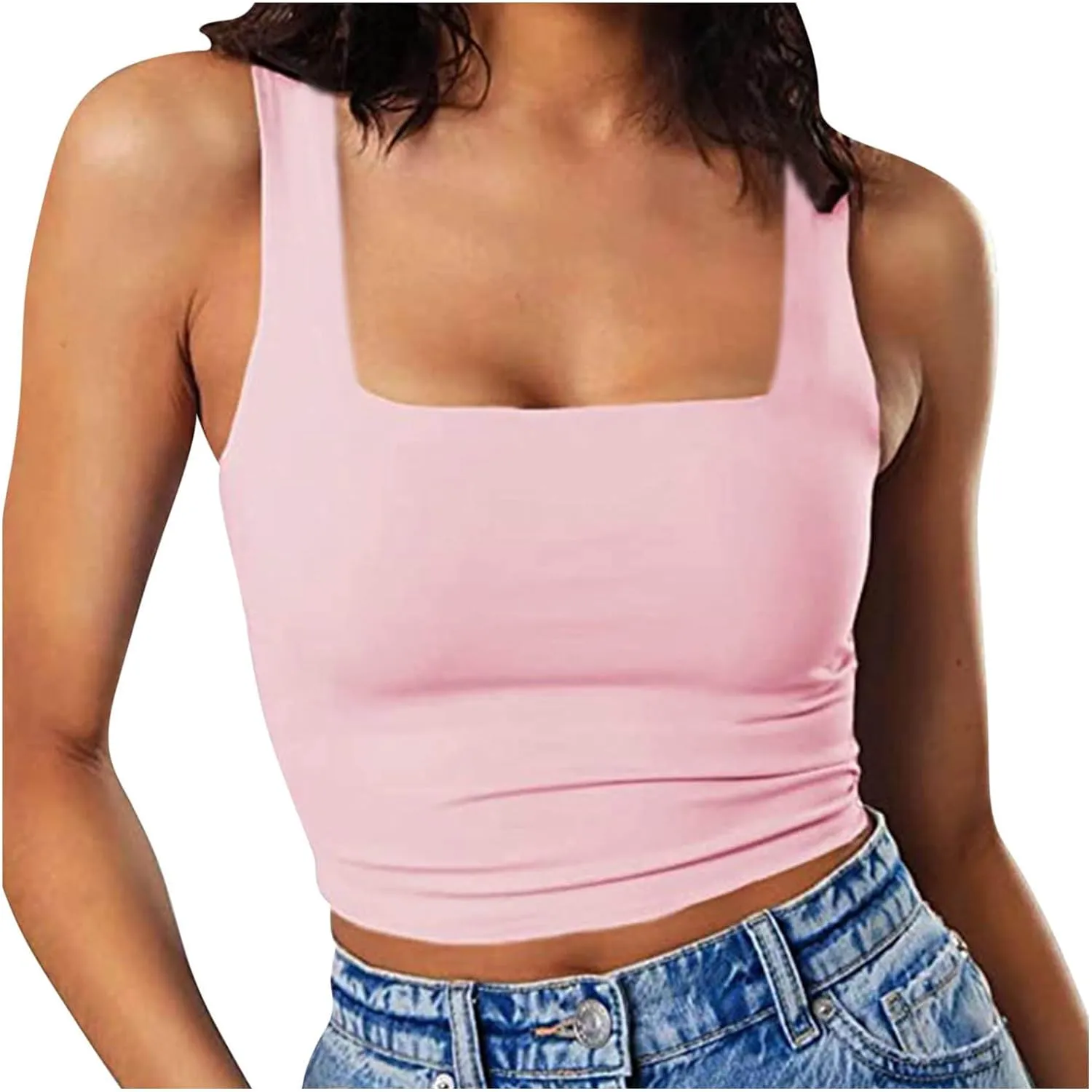 Womens Cropped Tank Tops Summer Sexy Sleeveless Strappy Square Neck Blouse Casual Solid Color Workout Fitness Shirts