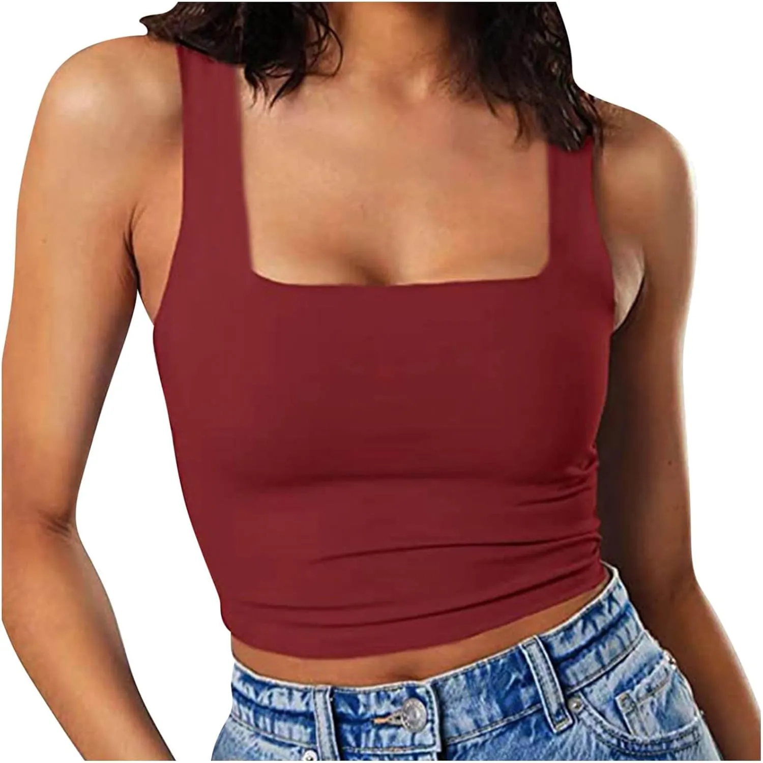 Womens Cropped Tank Tops Summer Sexy Sleeveless Strappy Square Neck Blouse Casual Solid Color Workout Fitness Shirts