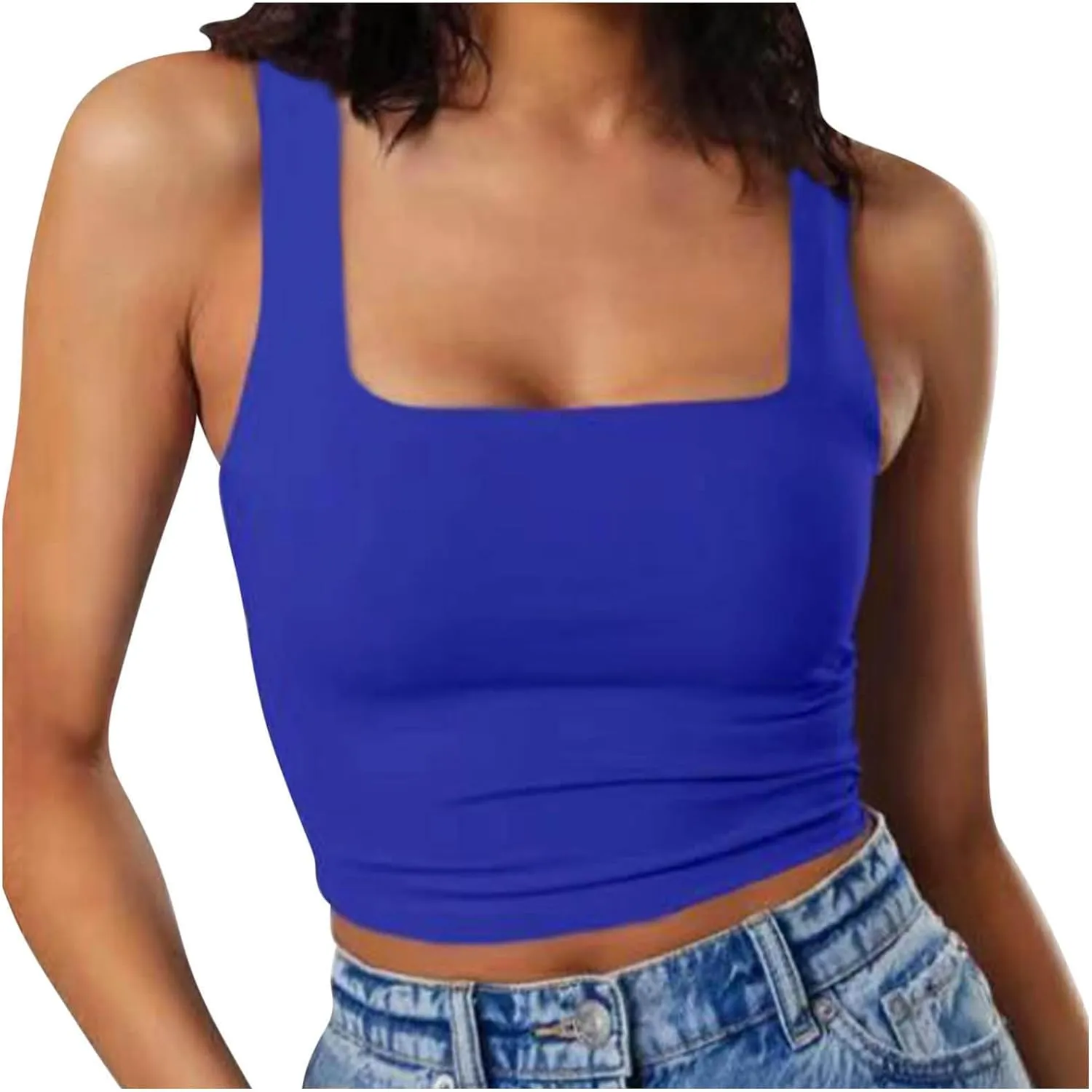 Womens Cropped Tank Tops Summer Sexy Sleeveless Strappy Square Neck Blouse Casual Solid Color Workout Fitness Shirts