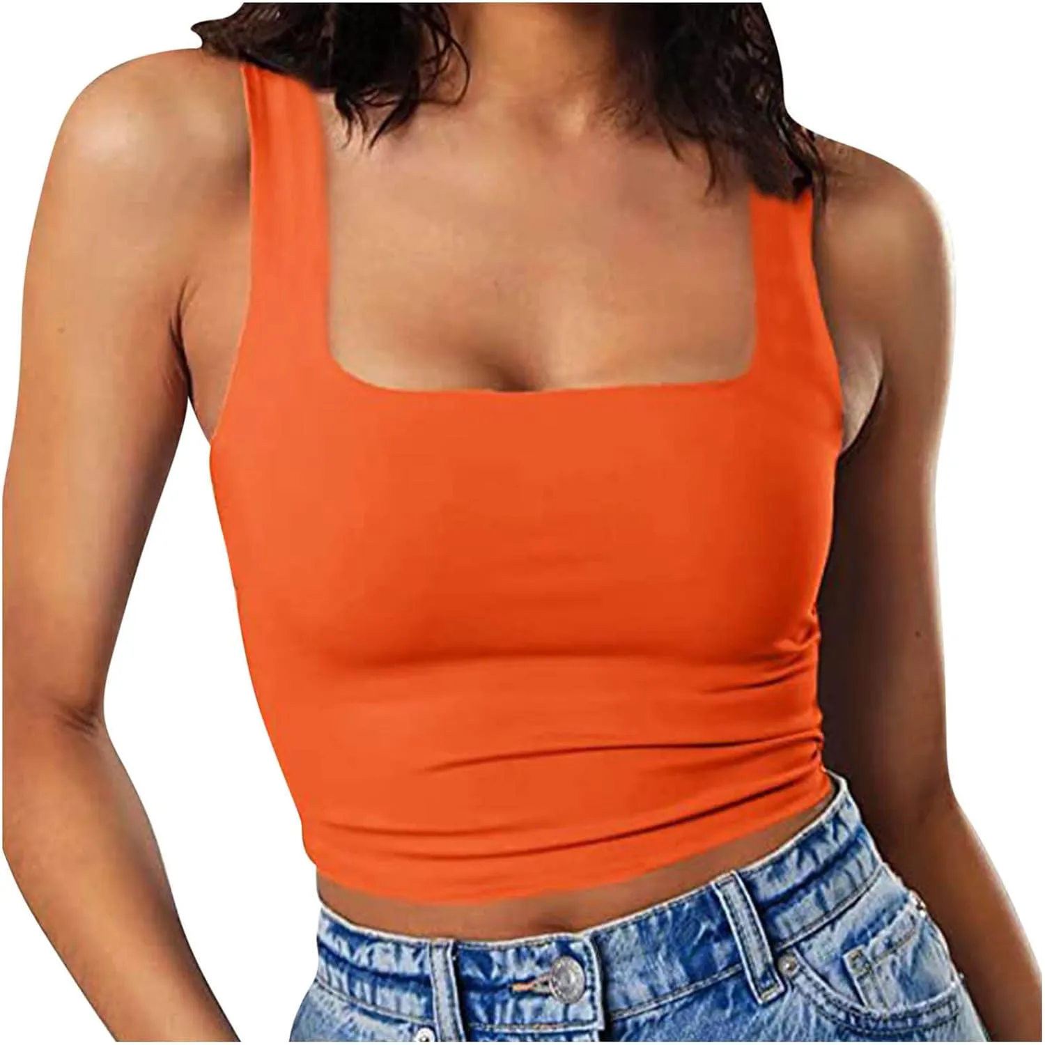 Womens Cropped Tank Tops Summer Sexy Sleeveless Strappy Square Neck Blouse Casual Solid Color Workout Fitness Shirts