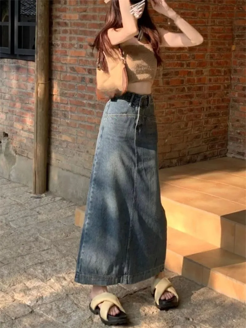 Women's Denim Long Skirts High Waist Vintage Back-Slit A-Line Skirt