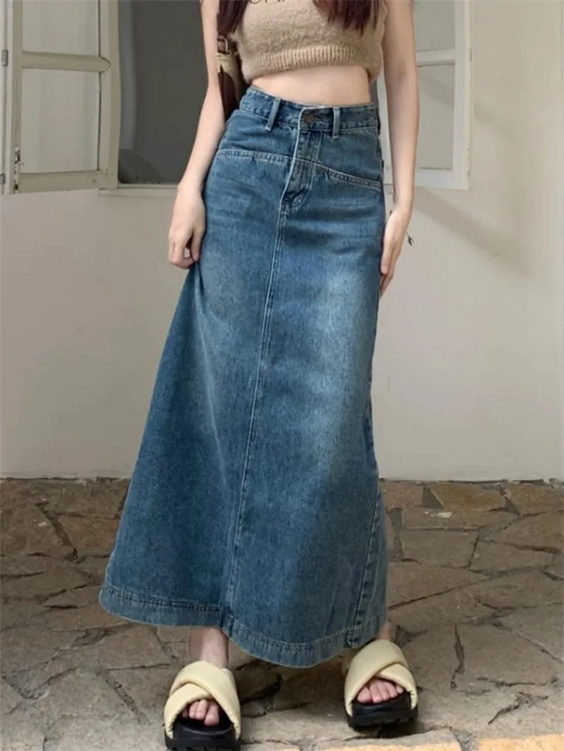 Women's Denim Long Skirts High Waist Vintage Back-Slit A-Line Skirt