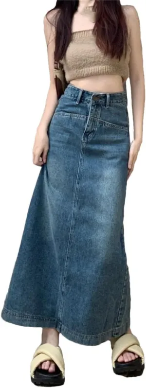Women's Denim Long Skirts High Waist Vintage Back-Slit A-Line Skirt