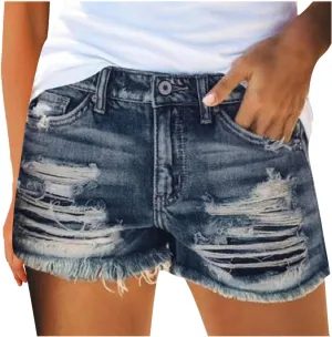 Women's Denim Shorts High Waisted Trendy Pure Color Stretchable Vintage Jean Shorts with Pockets Frayed Hem Slim Shorts Womens Shorts for Summer