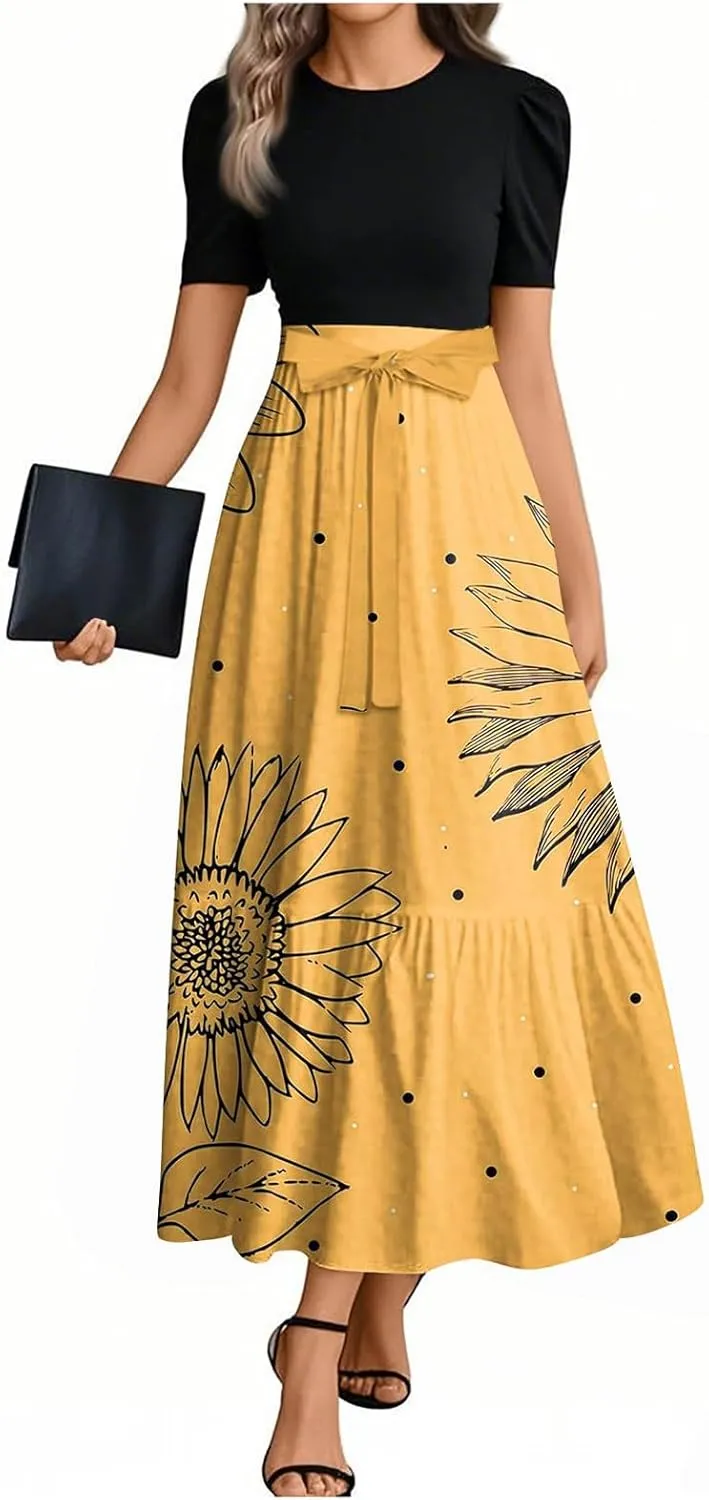 Womens Dresses for Wedding Guest 2025 Elegant Classy Empire Waist Short Sleeve A Line Dress Summer Work Wrap Sundress