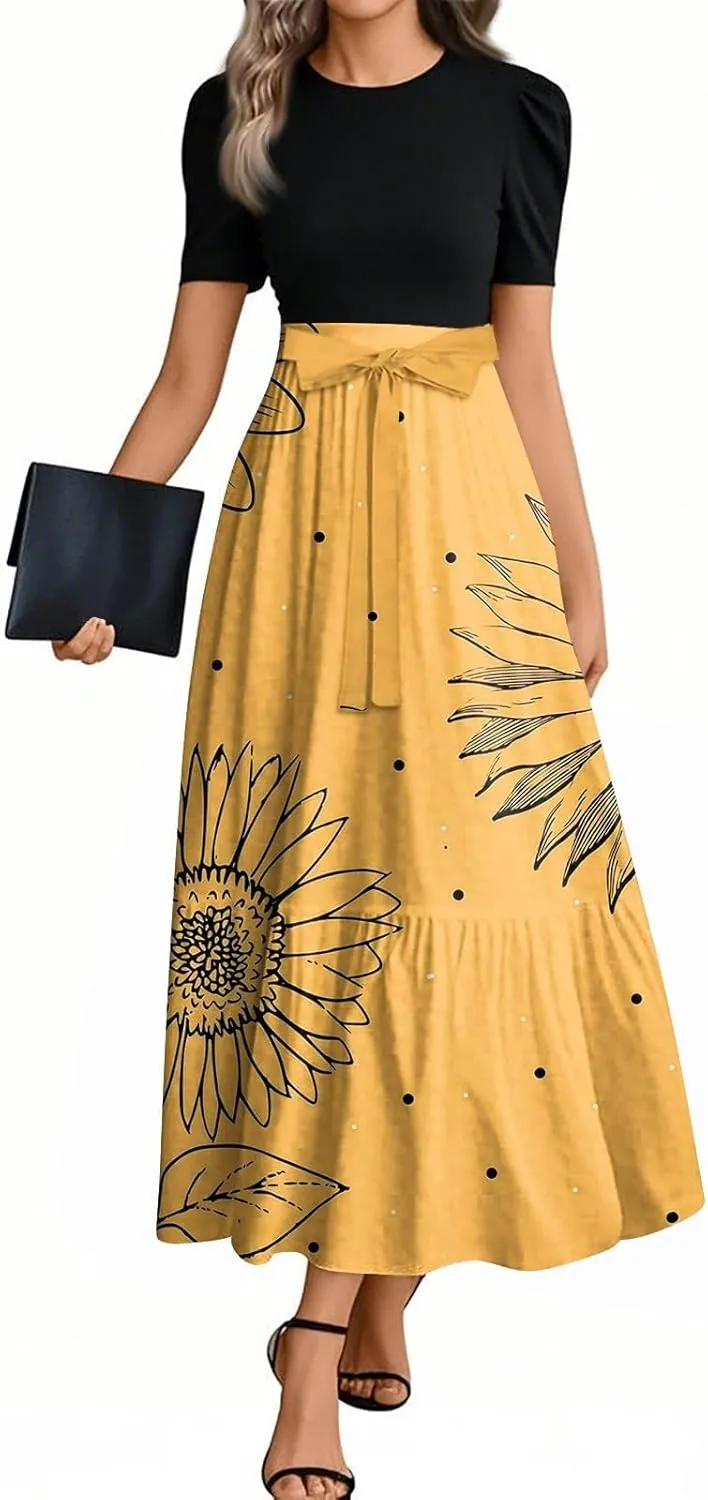 Womens Dresses for Wedding Guest 2025 Elegant Classy Empire Waist Short Sleeve A Line Dress Summer Work Wrap Sundress