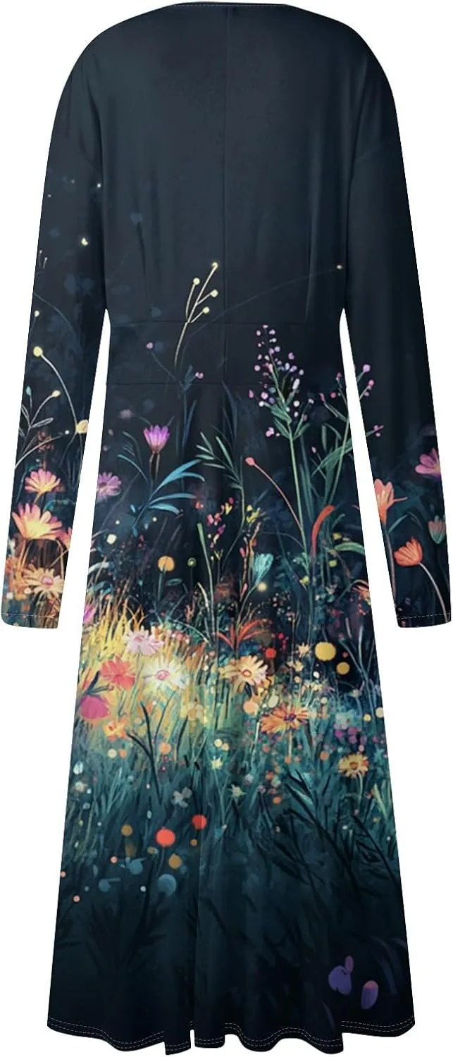 Womens Dresses Spring 2025 Long Sleeve V Neck A-Line Dress Trendy Cruise Wear Classy Outfits Casual Boho Clothes