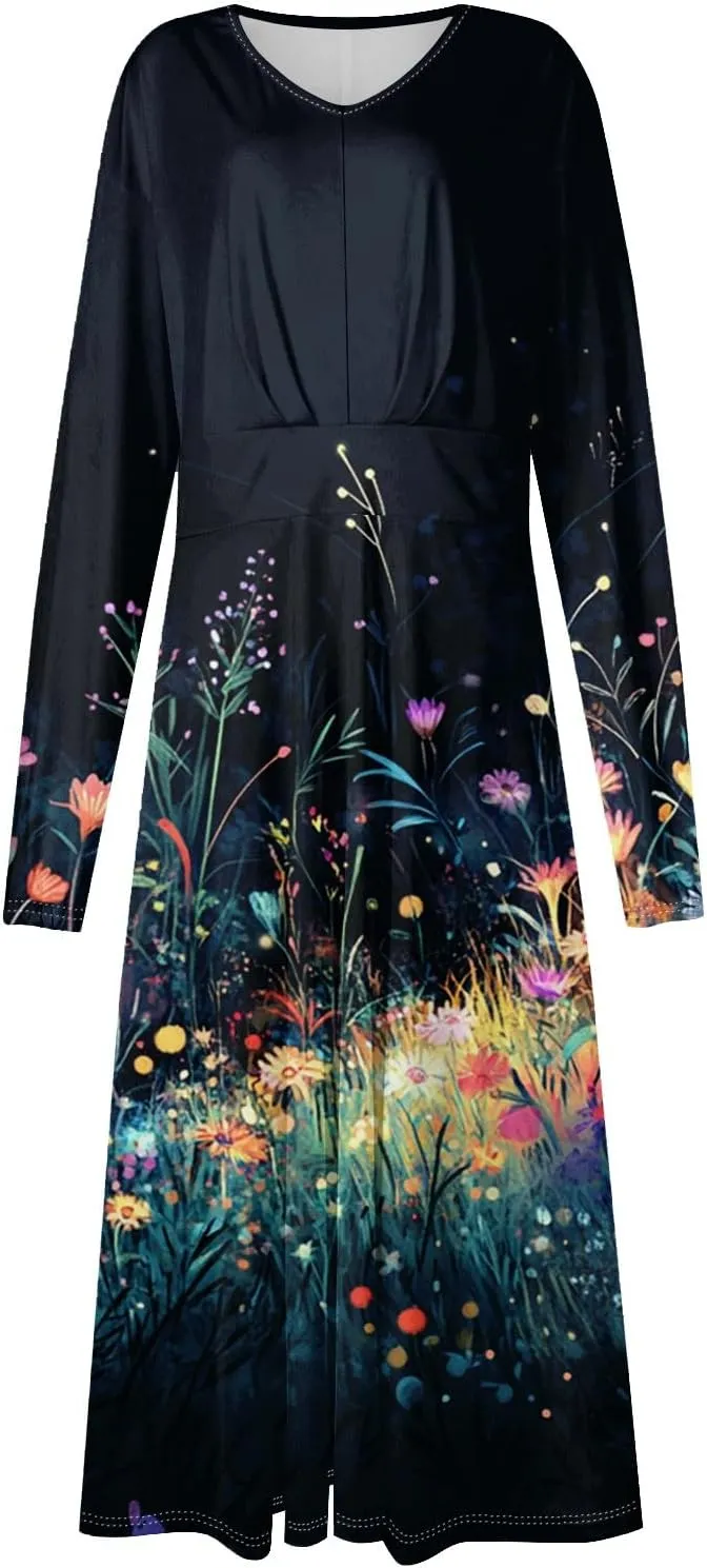 Womens Dresses Spring 2025 Long Sleeve V Neck A-Line Dress Trendy Cruise Wear Classy Outfits Casual Boho Clothes