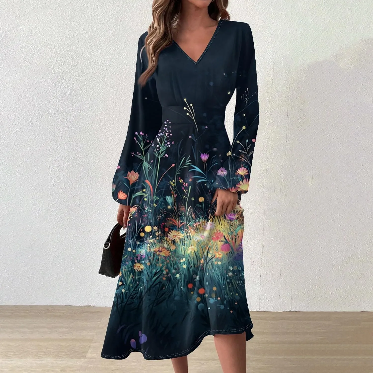 Womens Dresses Spring 2025 Long Sleeve V Neck A-Line Dress Trendy Cruise Wear Classy Outfits Casual Boho Clothes
