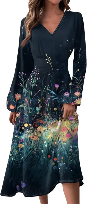 Womens Dresses Spring 2025 Long Sleeve V Neck A-Line Dress Trendy Cruise Wear Classy Outfits Casual Boho Clothes