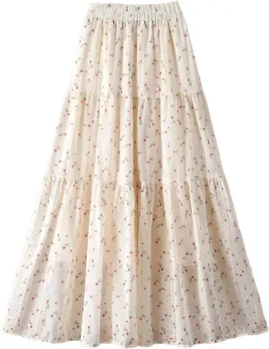 Women's Embroidery Floral A-Line Skirt Summer Korean High Waist Midi Skirt