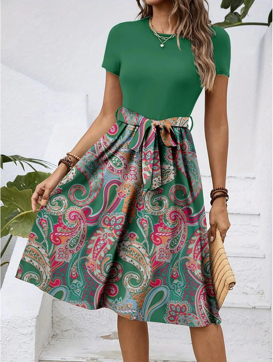 Women's Empire Waist Floral Dresses Short Sleeve Modest Midi Length Dress Summer Color Blocked Belt Dress