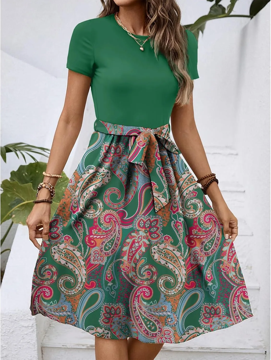 Women's Empire Waist Floral Dresses Short Sleeve Modest Midi Length Dress Summer Color Blocked Belt Dress