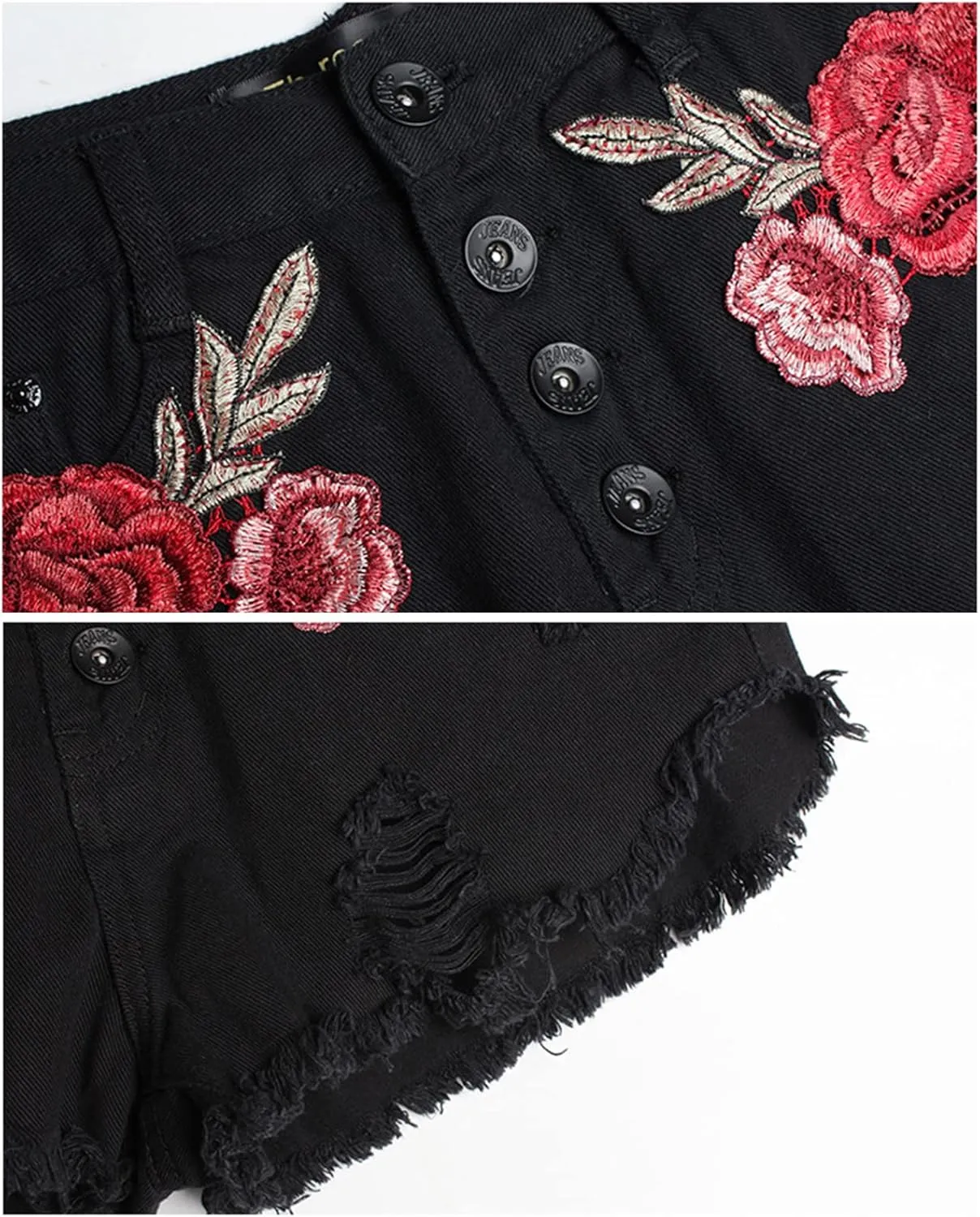 Women's Floral Embroidered Midrise Cuffed Jean Shorts Summer Denim Shorts