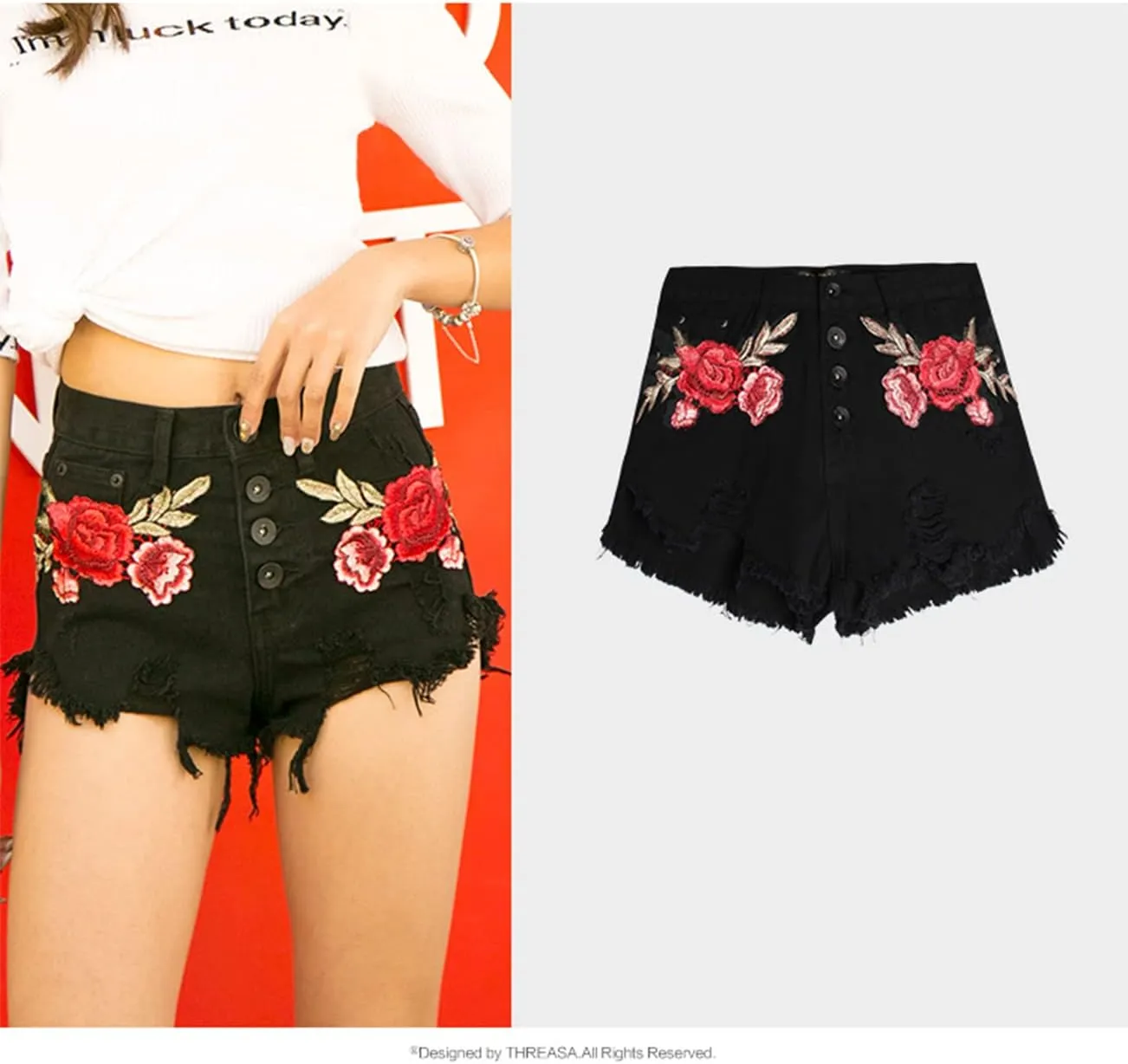 Women's Floral Embroidered Midrise Cuffed Jean Shorts Summer Denim Shorts