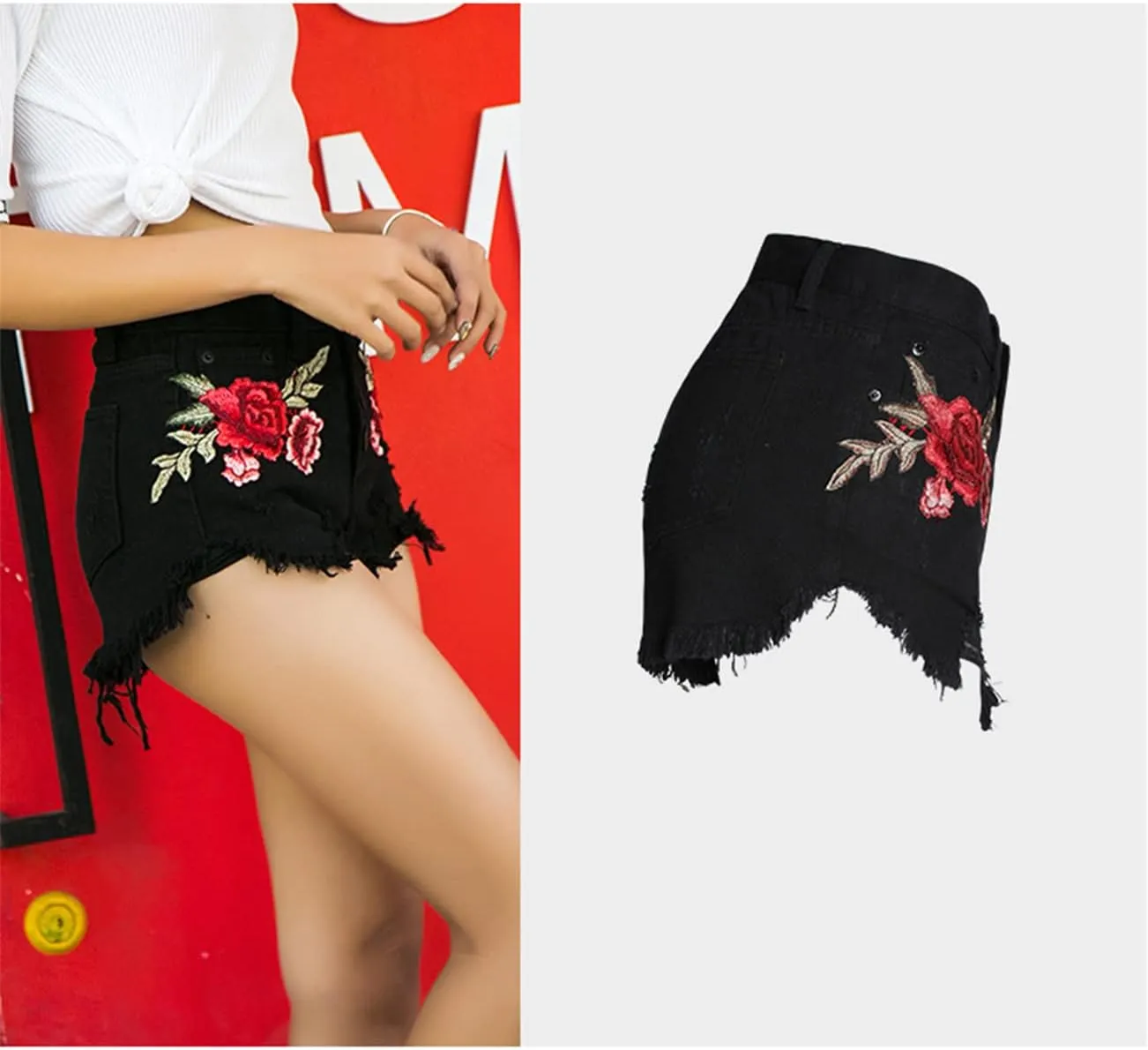 Women's Floral Embroidered Midrise Cuffed Jean Shorts Summer Denim Shorts