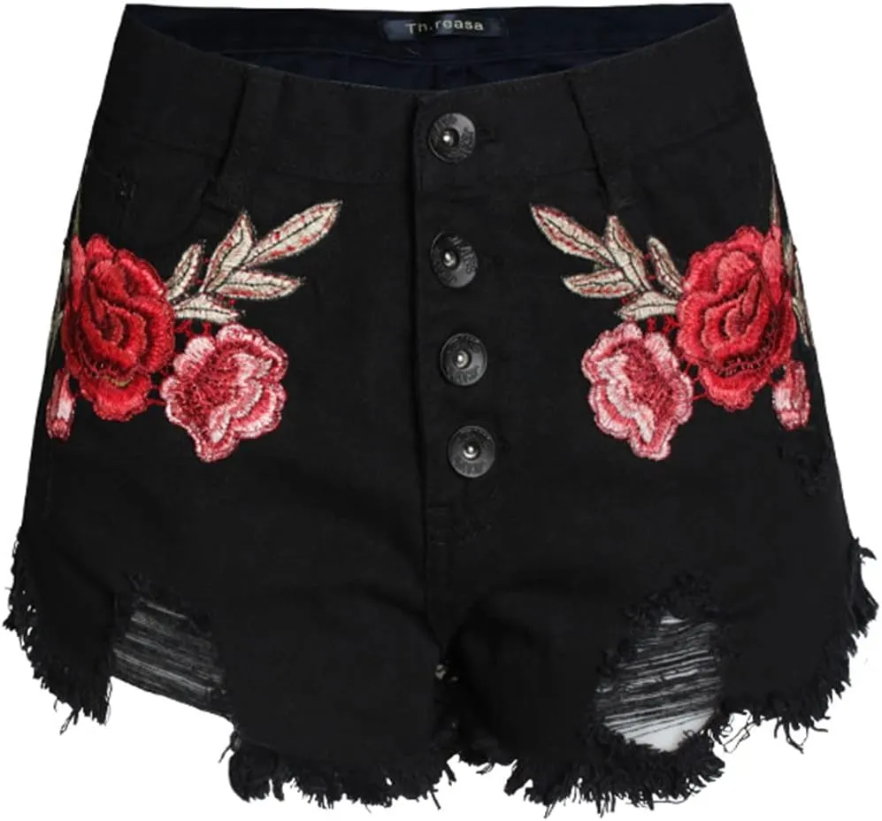 Women's Floral Embroidered Midrise Cuffed Jean Shorts Summer Denim Shorts