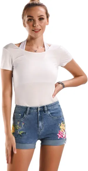 Women's Floral Embroidered Midrise Cuffed Jean Shorts Summer Denim Shorts