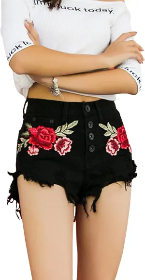 Women's Floral Embroidered Midrise Cuffed Jean Shorts Summer Denim Shorts