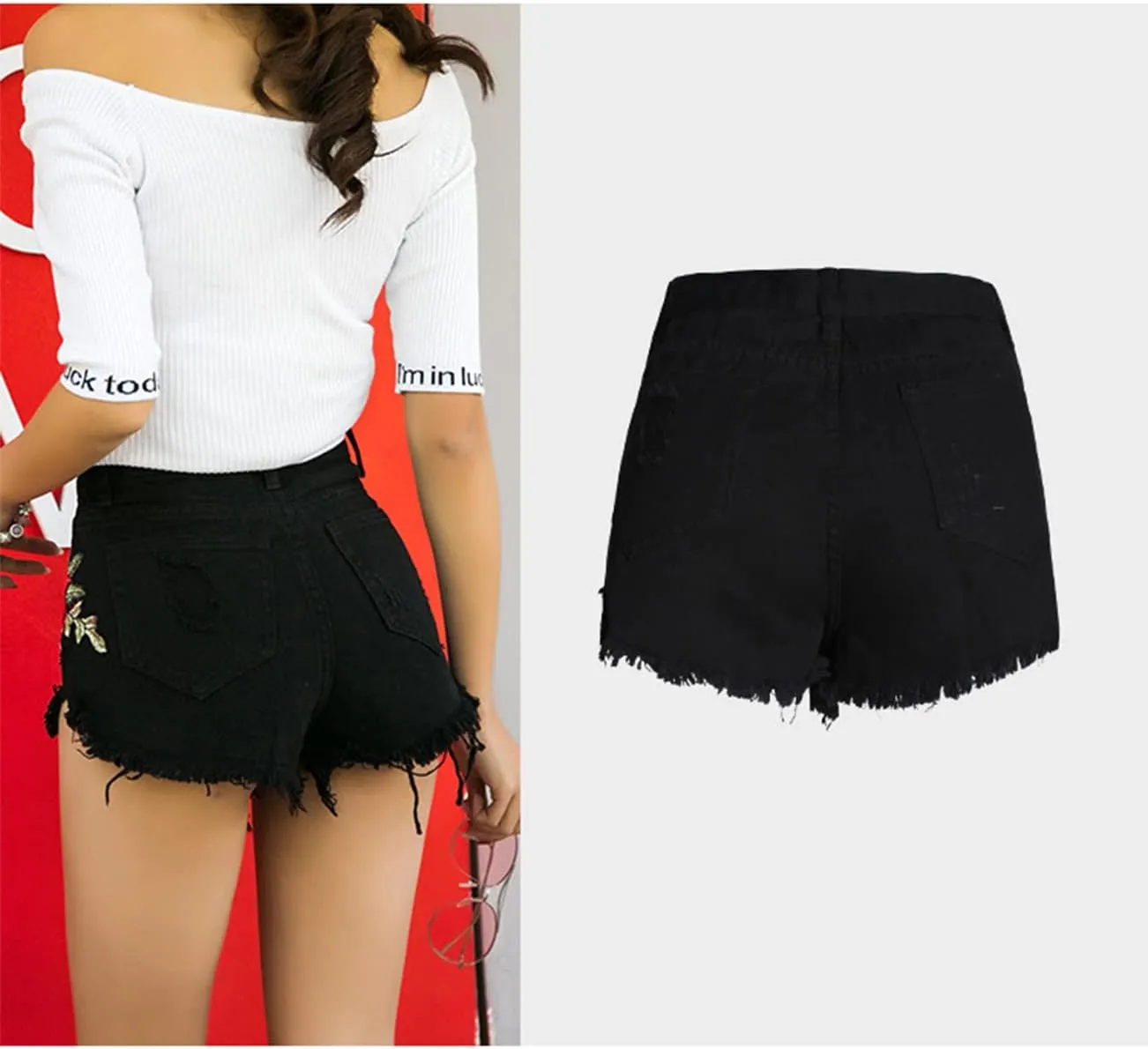 Women's Floral Embroidered Midrise Cuffed Jean Shorts Summer Denim Shorts