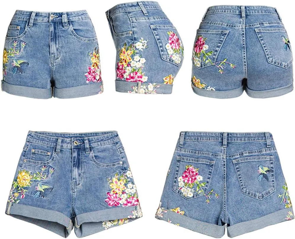 Women's Floral Embroidered Midrise Cuffed Jean Shorts Summer Denim Shorts