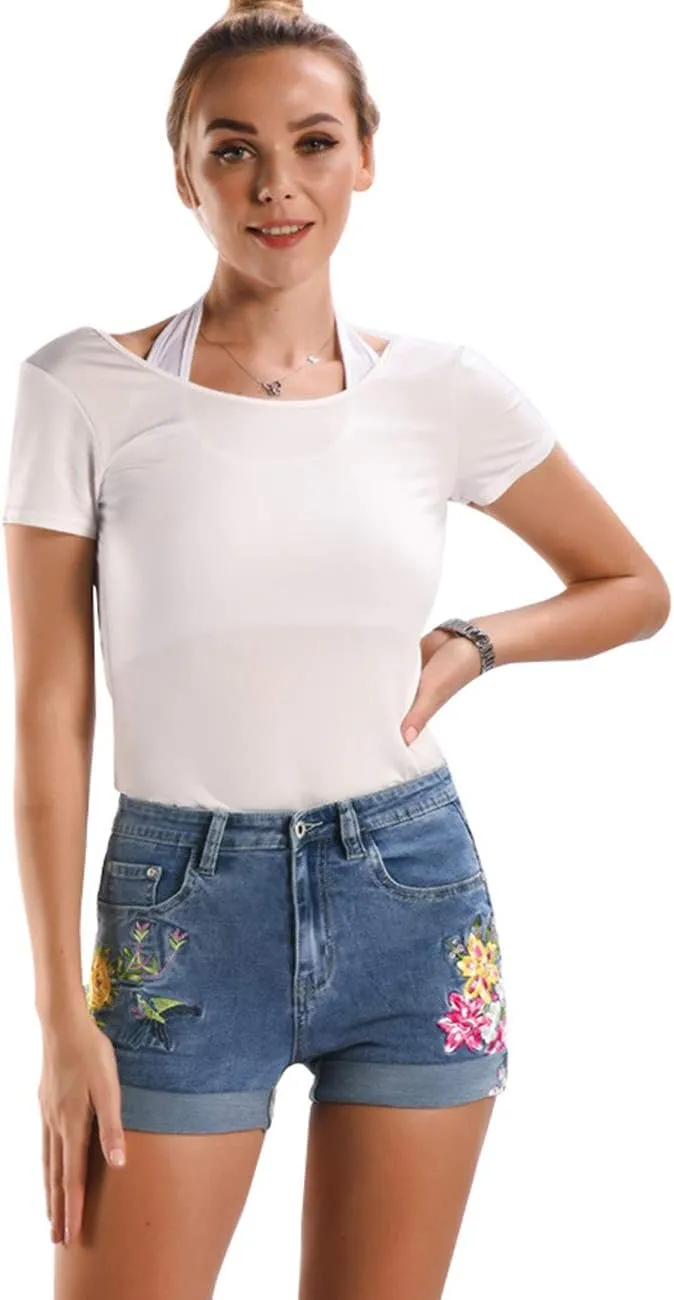 Women's Floral Embroidered Midrise Cuffed Jean Shorts Summer Denim Shorts