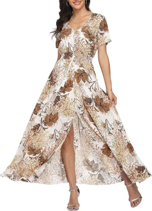 Women's Floral Maxi Dresses Casual Long Summer Boho Beach Dress Short Sleeve Button Up Split Party Dress