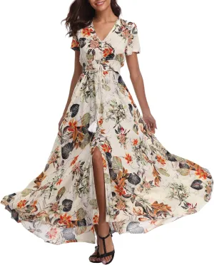 Women's Floral Maxi Dresses Casual Long Summer Boho Beach Dress Short Sleeve Button Up Split Party Dress