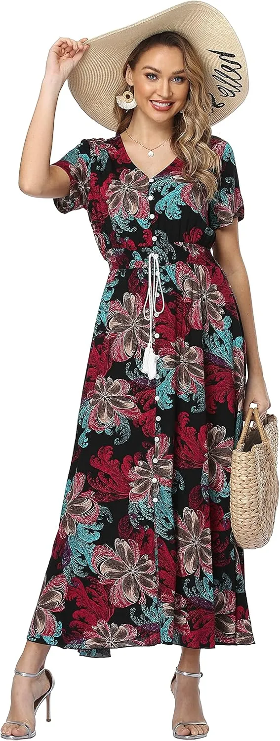 Women's Floral Maxi Dresses Casual Long Summer Boho Beach Dress Short Sleeve Button Up Split Party Dress