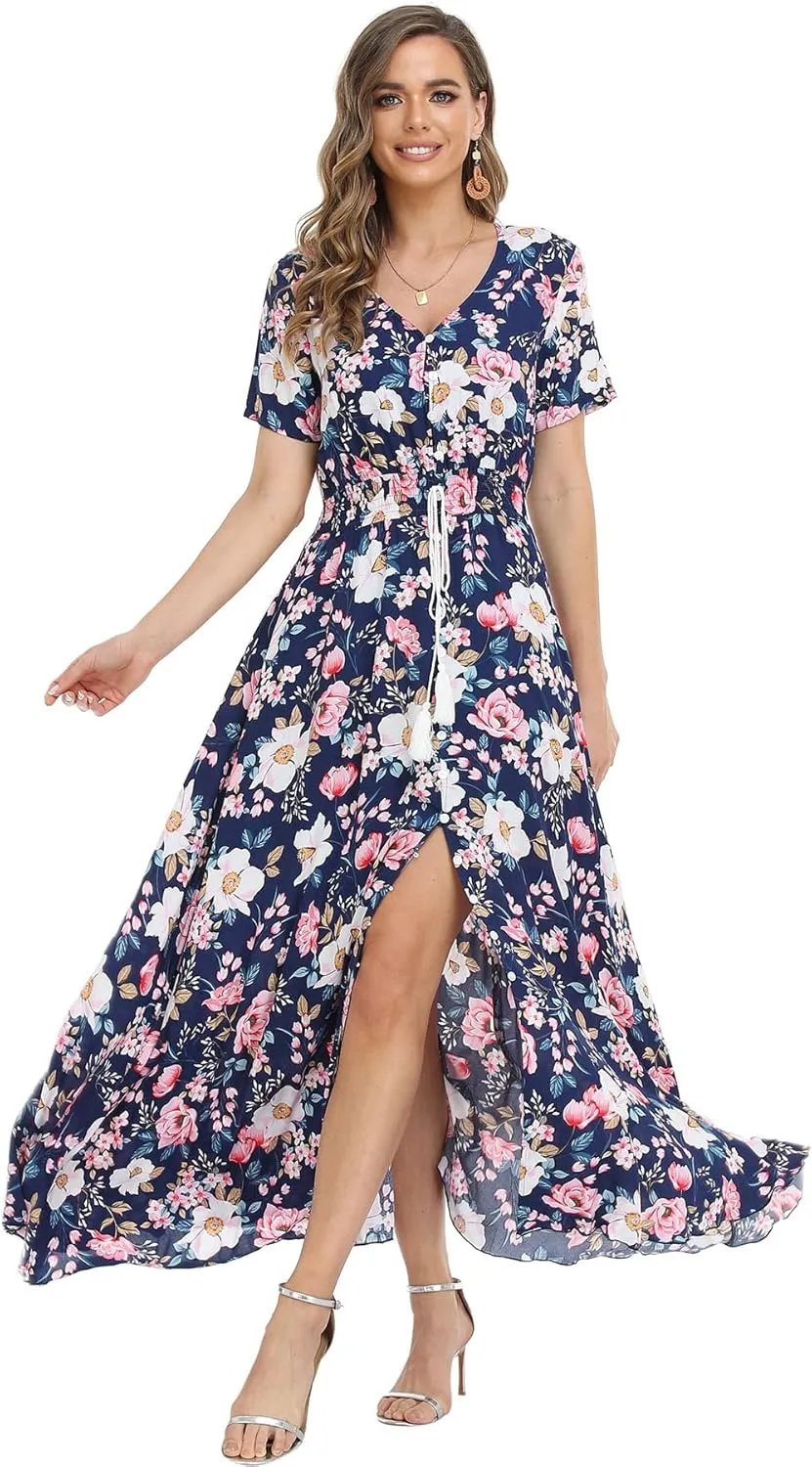 Women's Floral Maxi Dresses Casual Long Summer Boho Beach Dress Short Sleeve Button Up Split Party Dress