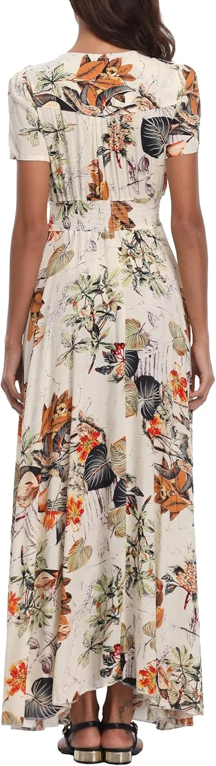 Women's Floral Maxi Dresses Casual Long Summer Boho Beach Dress Short Sleeve Button Up Split Party Dress