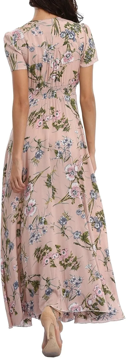 Women's Floral Maxi Dresses Casual Long Summer Boho Beach Dress Short Sleeve Button Up Split Party Dress