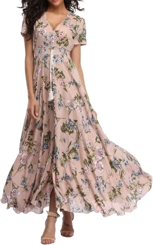 Women's Floral Maxi Dresses Casual Long Summer Boho Beach Dress Short Sleeve Button Up Split Party Dress