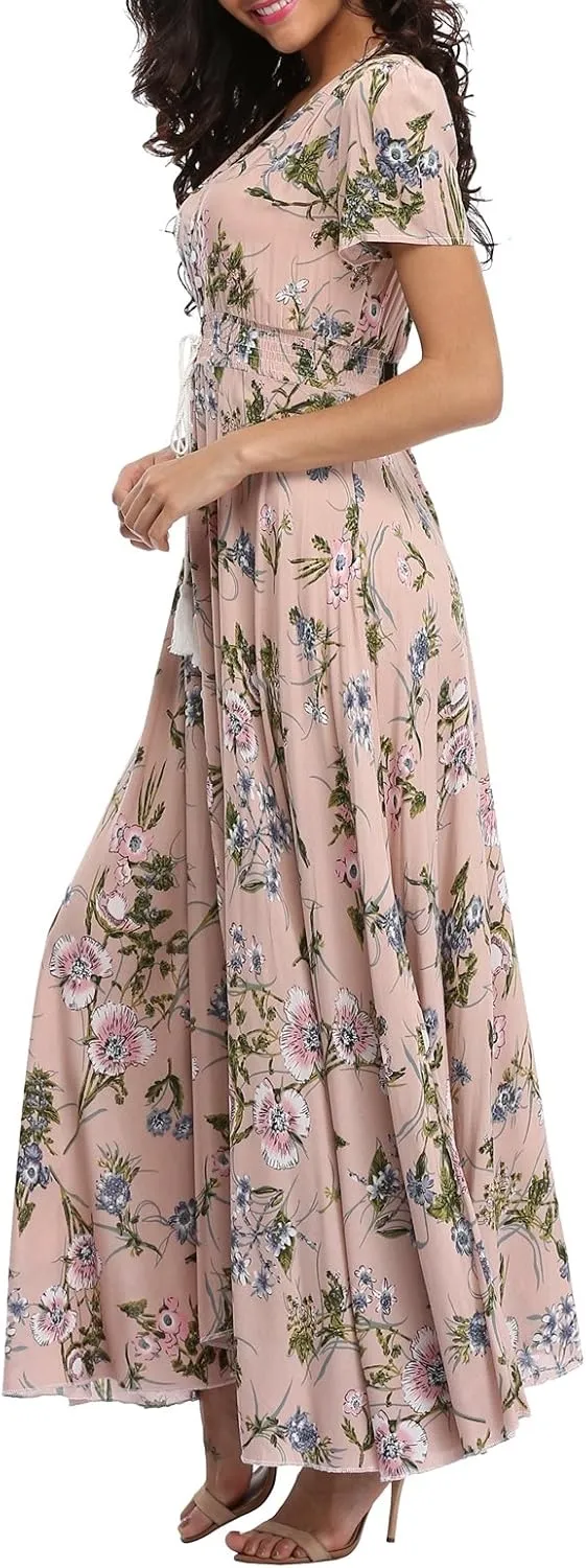 Women's Floral Maxi Dresses Casual Long Summer Boho Beach Dress Short Sleeve Button Up Split Party Dress