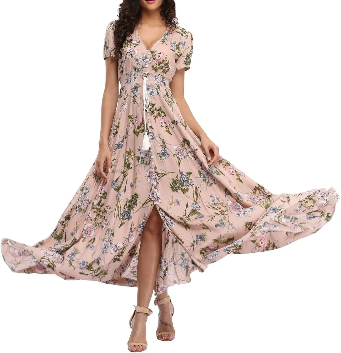 Women's Floral Maxi Dresses Casual Long Summer Boho Beach Dress Short Sleeve Button Up Split Party Dress