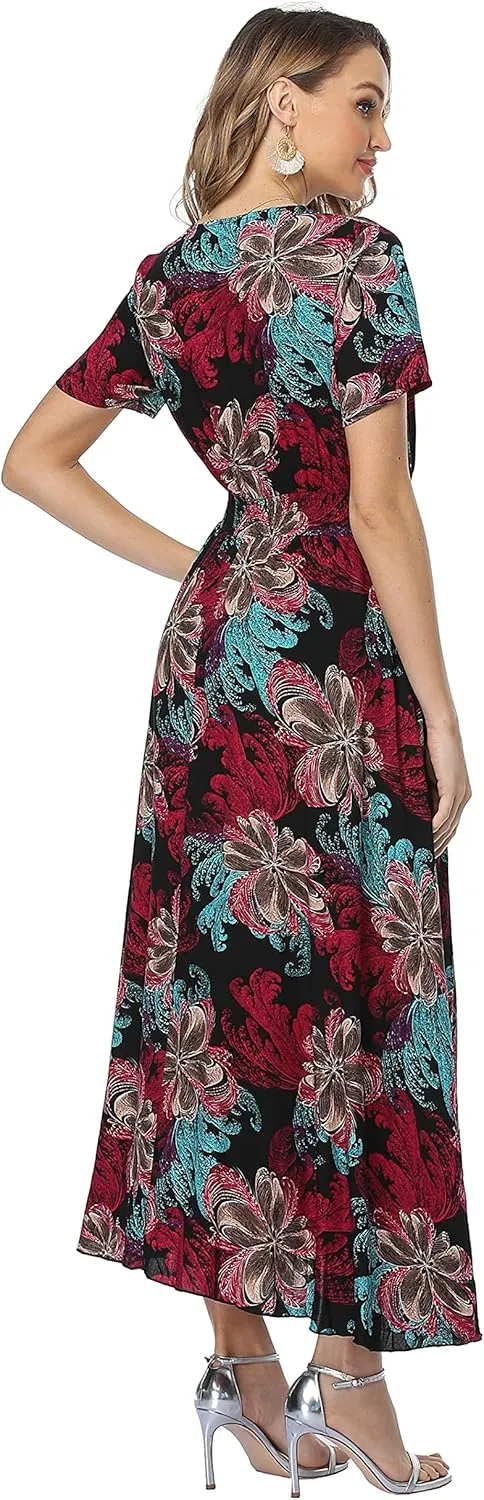 Women's Floral Maxi Dresses Casual Long Summer Boho Beach Dress Short Sleeve Button Up Split Party Dress
