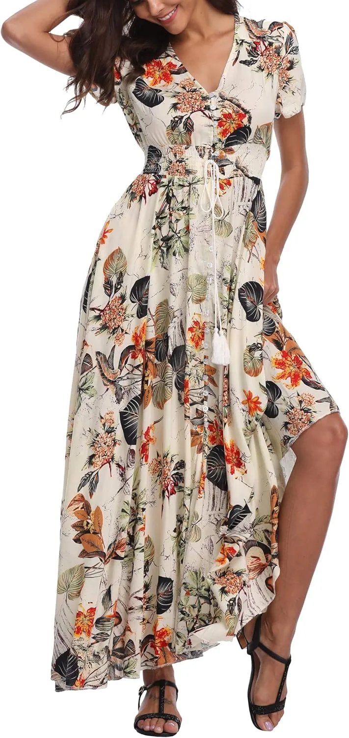 Women's Floral Maxi Dresses Casual Long Summer Boho Beach Dress Short Sleeve Button Up Split Party Dress