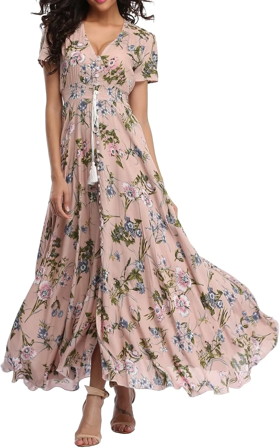 Women's Floral Maxi Dresses Casual Long Summer Boho Beach Dress Short Sleeve Button Up Split Party Dress