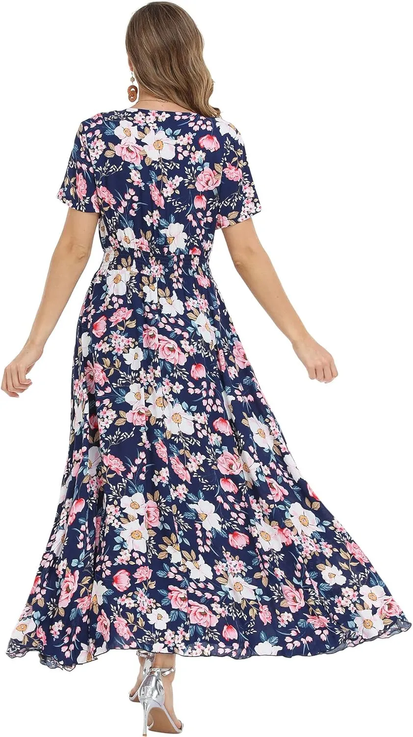 Women's Floral Maxi Dresses Casual Long Summer Boho Beach Dress Short Sleeve Button Up Split Party Dress