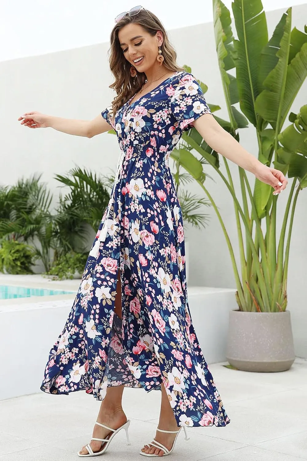 Women's Floral Maxi Dresses Casual Long Summer Boho Beach Dress Short Sleeve Button Up Split Party Dress