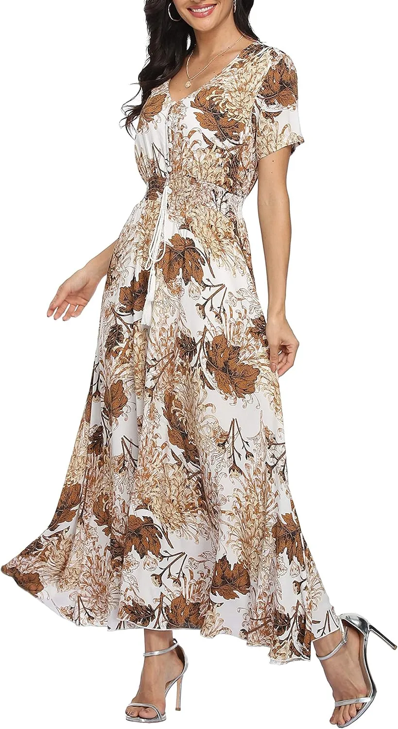 Women's Floral Maxi Dresses Casual Long Summer Boho Beach Dress Short Sleeve Button Up Split Party Dress