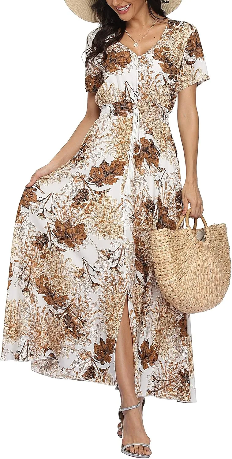 Women's Floral Maxi Dresses Casual Long Summer Boho Beach Dress Short Sleeve Button Up Split Party Dress