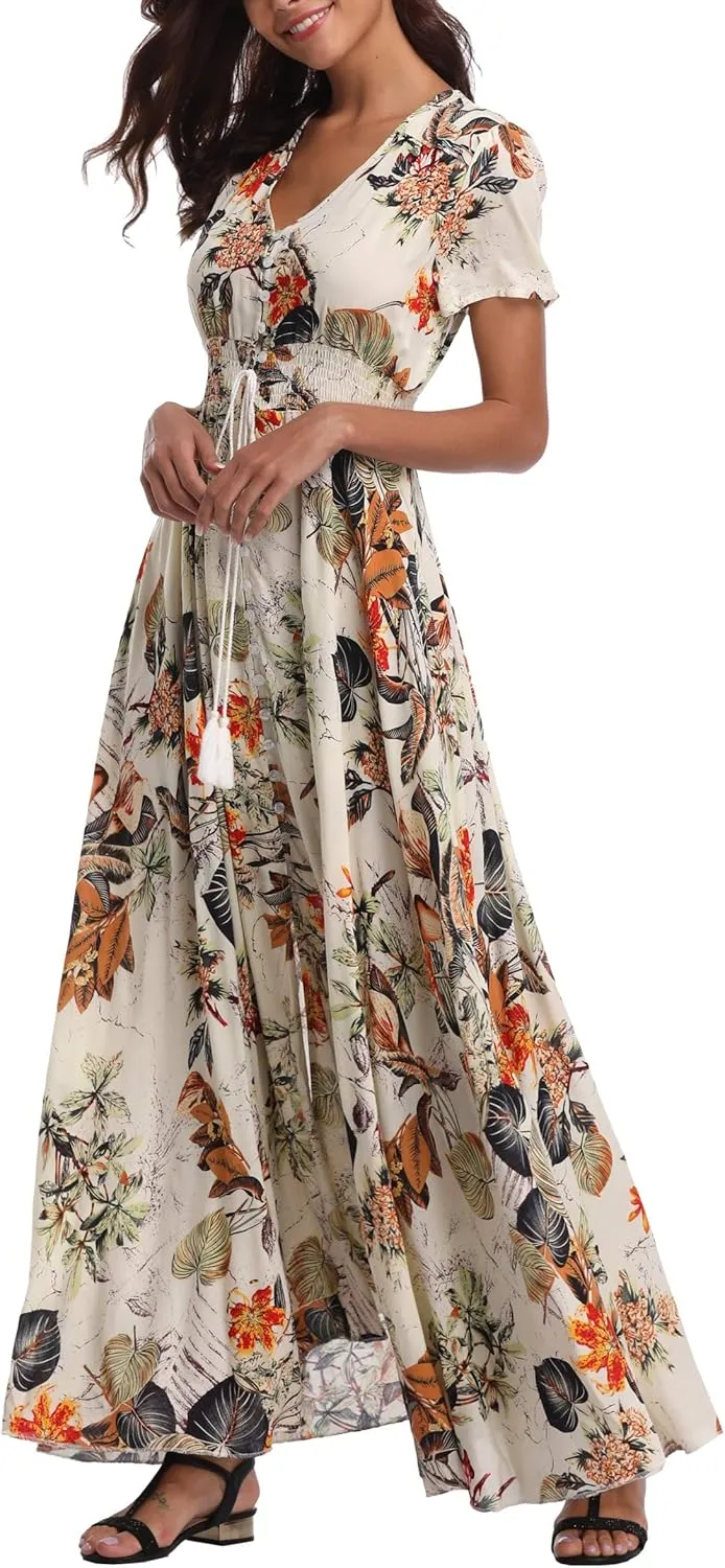 Women's Floral Maxi Dresses Casual Long Summer Boho Beach Dress Short Sleeve Button Up Split Party Dress