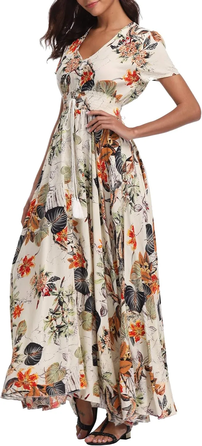 Women's Floral Maxi Dresses Casual Long Summer Boho Beach Dress Short Sleeve Button Up Split Party Dress