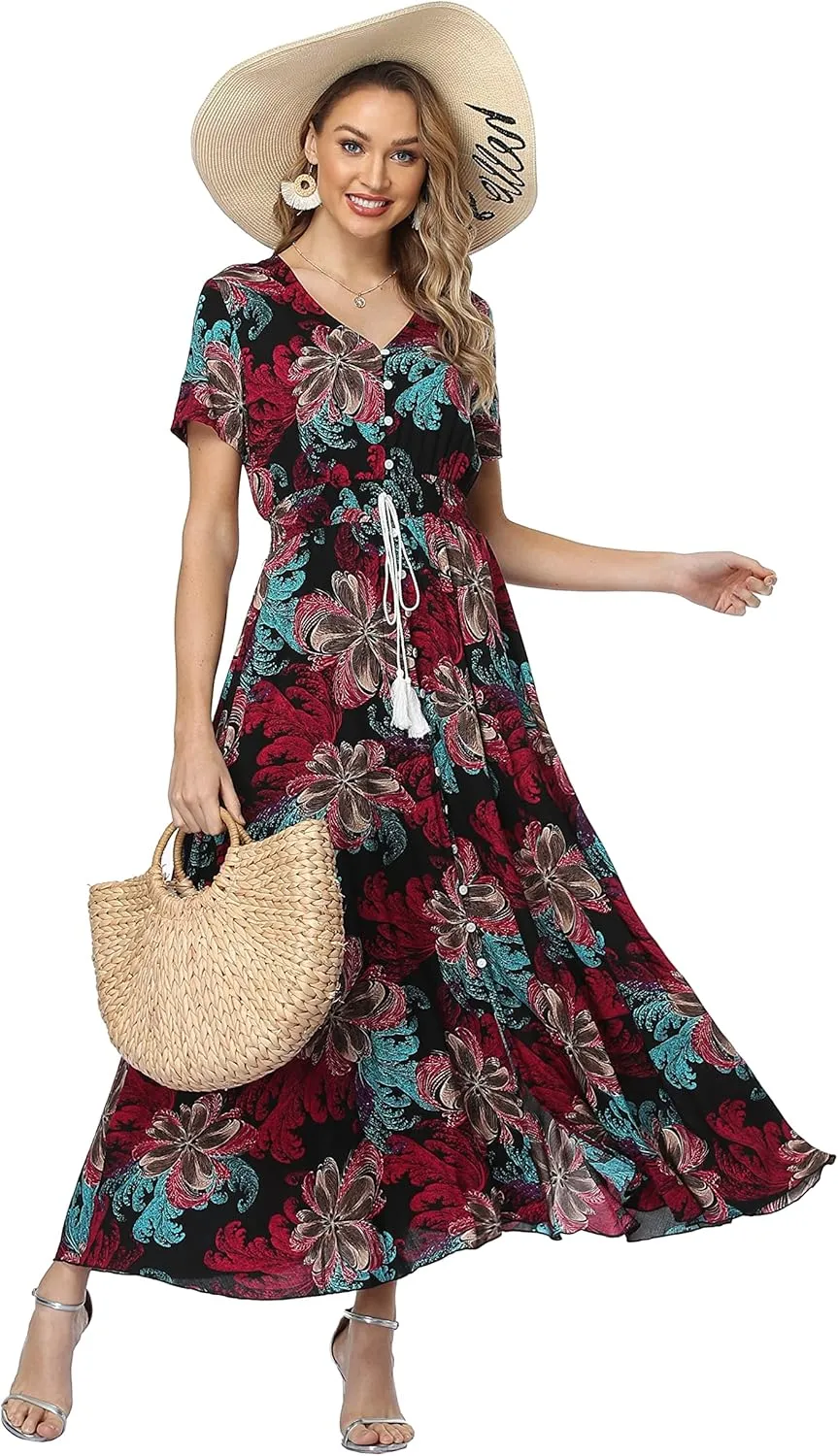 Women's Floral Maxi Dresses Casual Long Summer Boho Beach Dress Short Sleeve Button Up Split Party Dress