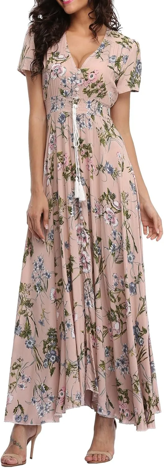 Women's Floral Maxi Dresses Casual Long Summer Boho Beach Dress Short Sleeve Button Up Split Party Dress